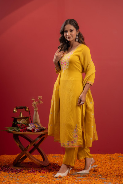 Mustard Viscose Kurta with Pants & Dupatta Set with Thread & Zari Work