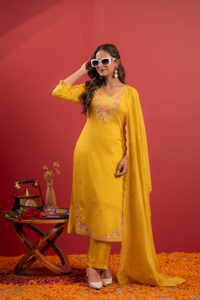 Mustard Viscose Kurta with Pants & Dupatta Set with Thread & Zari Work