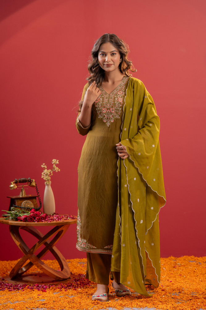 Festive Olive Green Floral Embroidered Kurta Set With Dupatta