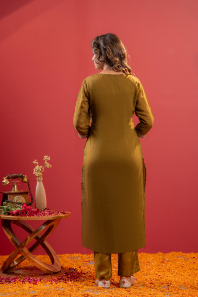 Festive Olive Green Floral Embroidered Kurta Set With Dupatta