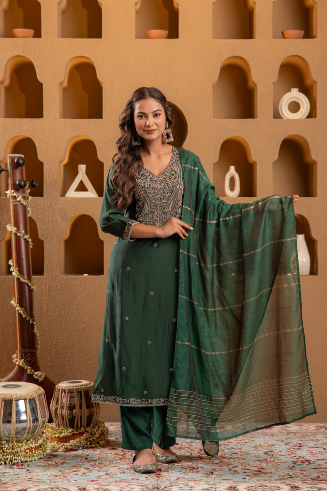 Bottle Green Viscose Straight Kurta with Pants &amp; Dupatta Set with Zari &amp; Sequence Work