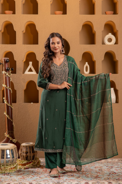 Bottle Green Viscose Straight Kurta with Pants & Dupatta Set with Zari & Sequence Work