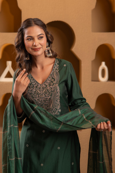 Bottle Green Embroidered Straight Kurta With Pant & Striped Dupatta
