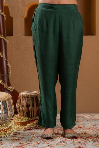 Bottle Green Embroidered Straight Kurta With Pant & Striped Dupatta