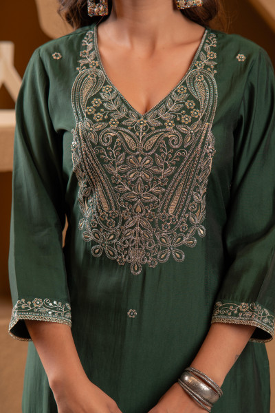 Bottle Green Embroidered Straight Kurta With Pant & Striped Dupatta