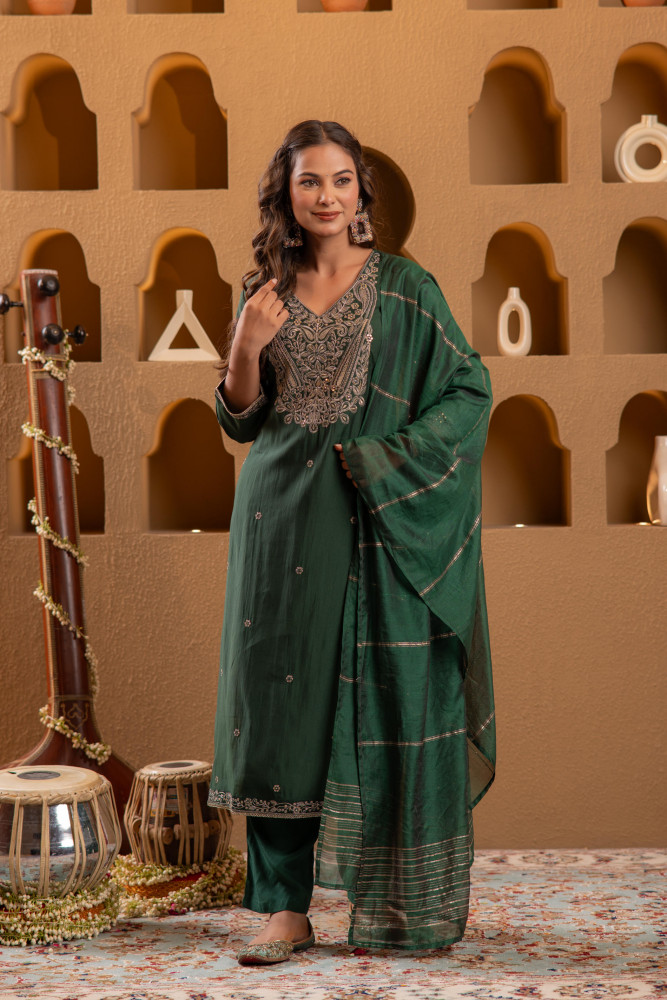 Bottle Green Embroidered Straight Kurta With Pant &amp; Striped Dupatta