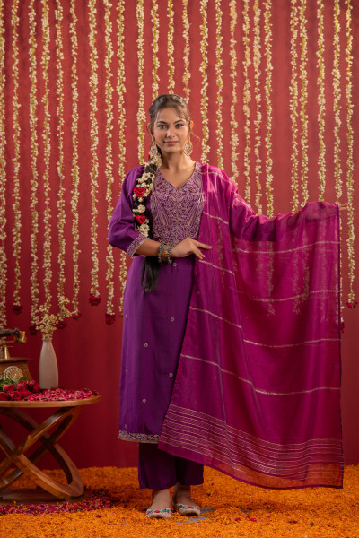 Purple Embroidered Straight Kurta With Pant & Striped Dupatta