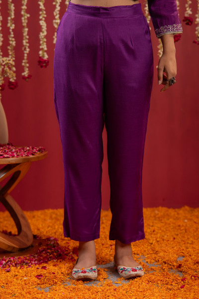 Purple Embroidered Straight Kurta With Pant & Striped Dupatta