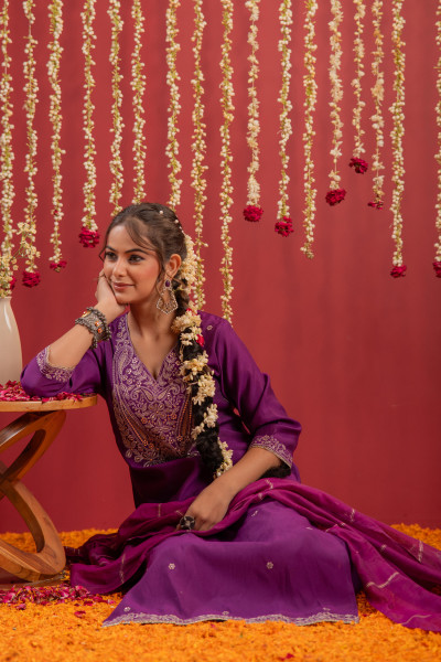 Purple Embroidered Straight Kurta With Pant & Striped Dupatta