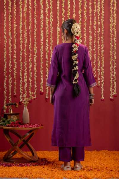 Purple Embroidered Straight Kurta With Pant & Striped Dupatta