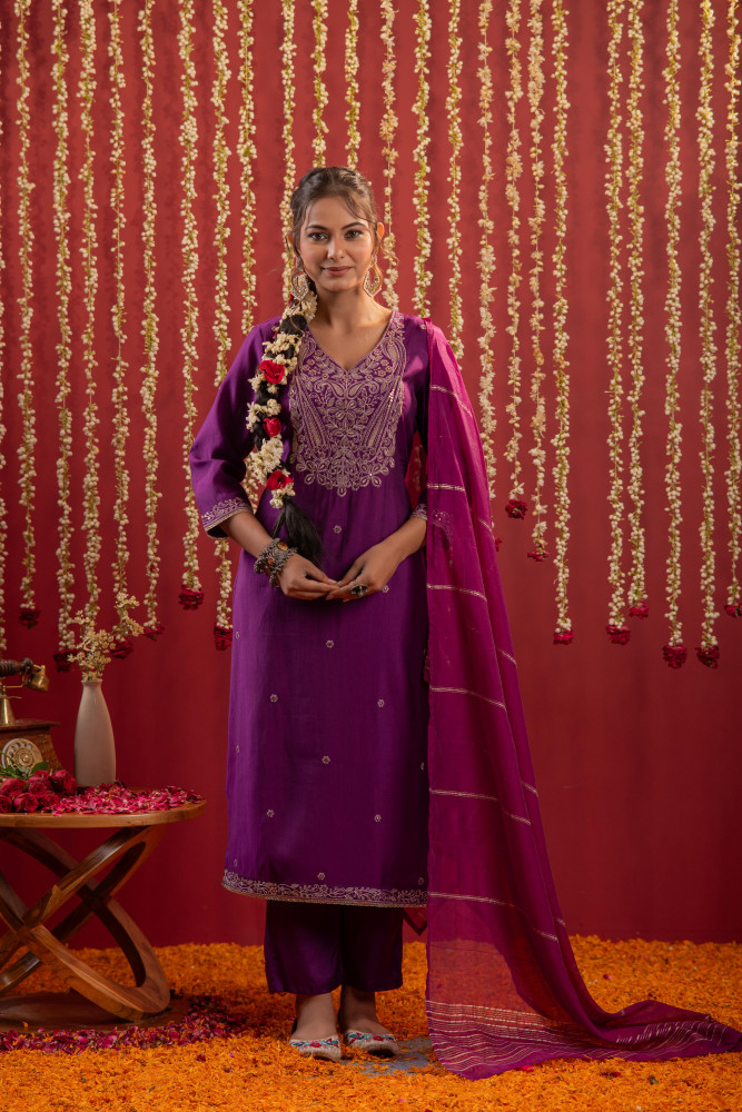 Purple Embroidered Straight Kurta With Pant &amp; Striped Dupatta