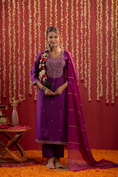Purple Embroidered Straight Kurta With Pant & Striped Dupatta