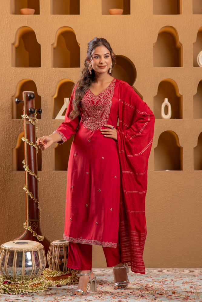 Red Embroidered Straight Kurta With Pant &amp; Striped Dupatta
