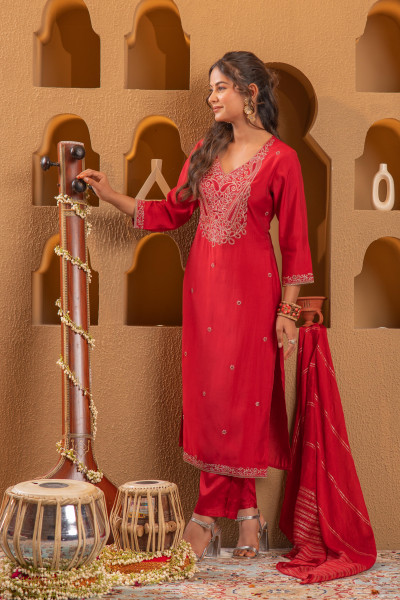 Red Embroidered Straight Kurta With Pant & Striped Dupatta