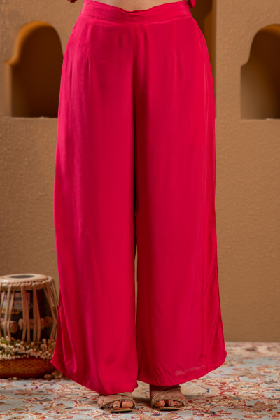 Magenta Viscose Solid Fit & Flared Kurta With Pants & Dupatta Set With Mirror, Thread, Dori & Sequence Work