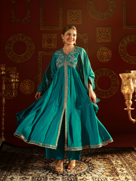 Rama Green Viscose Solid Fit & Flared Kurta With Pants & Dupatta Set With Mirror, Thread, Dori & Sequence Work