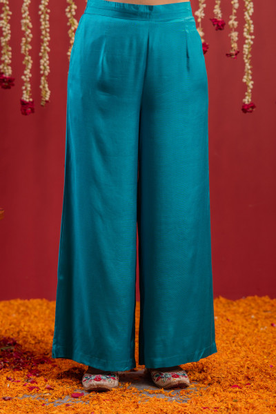 Rama Green Viscose Solid Fit & Flared Kurta With Pants & Dupatta Set With Mirror, Thread, Dori & Sequence Work