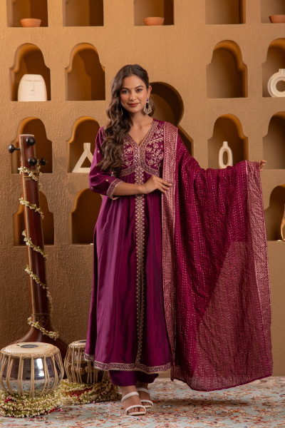 Wine Viscose Solid Fit & Flared Kurta With Pants & Dupatta Set With Mirror, Thread, Dori & Sequence Work
