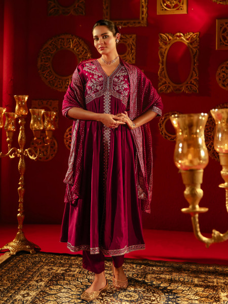 Wine Viscose Solid Fit & Flared Kurta With Pants & Dupatta Set With Mirror, Thread, Dori & Sequence Work