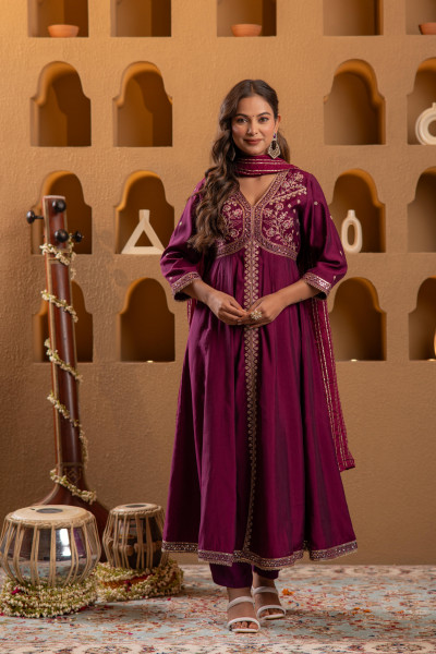 Wine Viscose Solid Fit & Flared Kurta With Pants & Dupatta Set With Mirror, Thread, Dori & Sequence Work