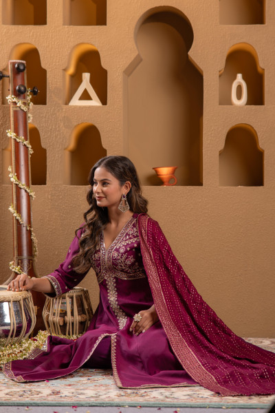 Wine Viscose Solid Fit & Flared Kurta With Pants & Dupatta Set With Mirror, Thread, Dori & Sequence Work