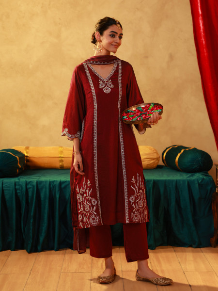 Red Manmade Fiber Straight Kurta Pant And Dupatta Set with Mirror, Thread, Dori & Sequin Work