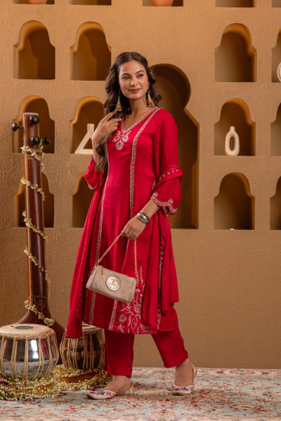 Red Manmade Fiber Straight Kurta Pant And Dupatta Set with Mirror, Thread, Dori & Sequin Work