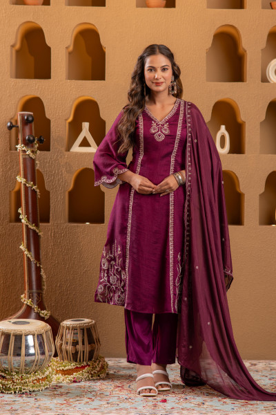 WINE Manmade Fiber Straight Kurta Pant And Dupatta Set with Mirror, Thread, Dori &amp; Sequin Work