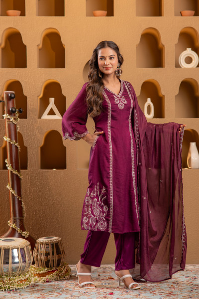 WINE Manmade Fiber Straight Kurta Pant And Dupatta Set with Mirror, Thread, Dori & Sequin Work