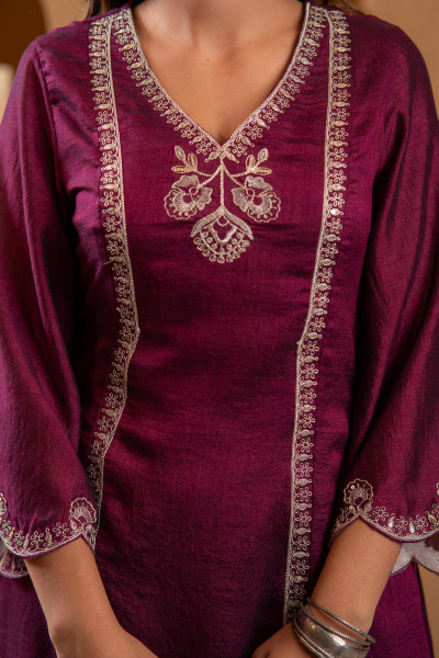 WINE Manmade Fiber Straight Kurta Pant And Dupatta Set with Mirror, Thread, Dori & Sequin Work