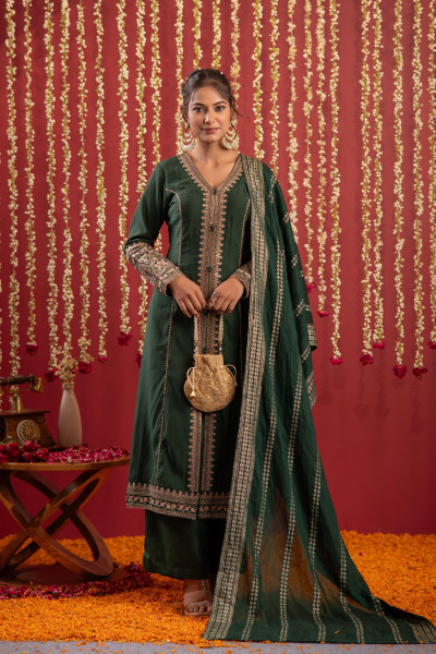 Bottle Green Viscose Solid A-Line Kurta With Pants & Dupatta Set With Zari, Sequence & Dori Work
