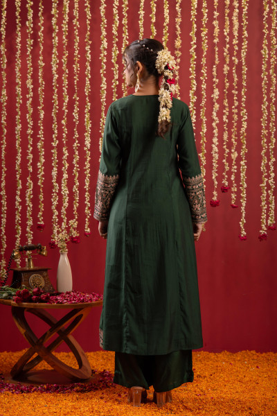 Bottle Green Viscose Solid A-Line Kurta With Pants & Dupatta Set With Zari, Sequence & Dori Work