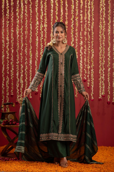 Bottle Green Viscose Solid A-Line Kurta With Pants & Dupatta Set With Zari, Sequence & Dori Work