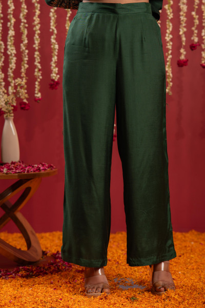 Bottle Green Viscose Solid A-Line Kurta With Pants & Dupatta Set With Zari, Sequence & Dori Work