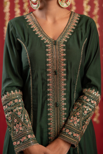 Bottle Green Viscose Solid A-Line Kurta With Pants & Dupatta Set With Zari, Sequence & Dori Work