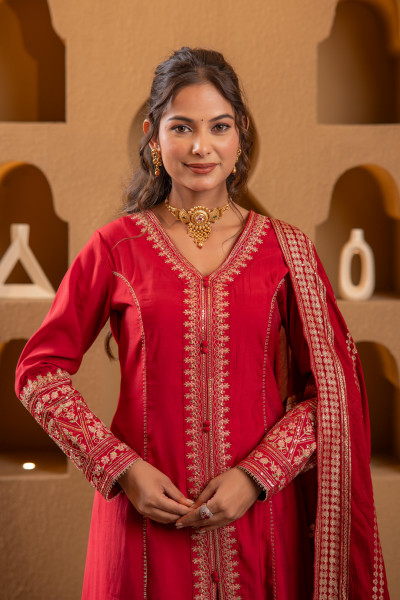 Red Viscose Solid A-Line Kurta With Pants & Dupatta Set With Zari, Sequence & Dori Work