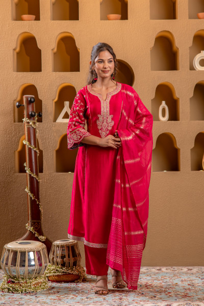 Magenta Manmade Fiber Flared Kurta Pant And Dupatta Set with Zari, Mirror, Thread & Sequin Work