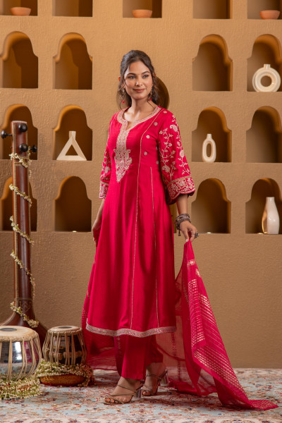 Magenta Manmade Fiber Flared Kurta Pant And Dupatta Set with Zari, Mirror, Thread & Sequin Work