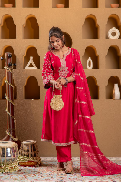 Magenta Manmade Fiber Flared Kurta Pant And Dupatta Set with Zari, Mirror, Thread & Sequin Work