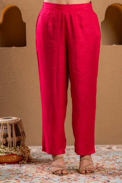 Fuchsia Viscose Solid A-Line Kurta With Pants & Dupatta Set With Zari, Sequence & Dori Work