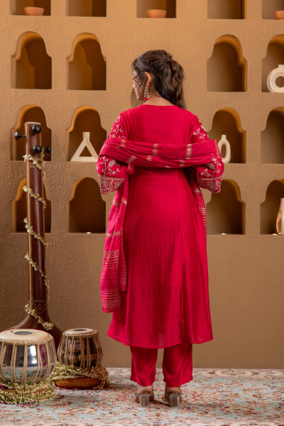 Magenta Manmade Fiber Flared Kurta Pant And Dupatta Set with Zari, Mirror, Thread & Sequin Work