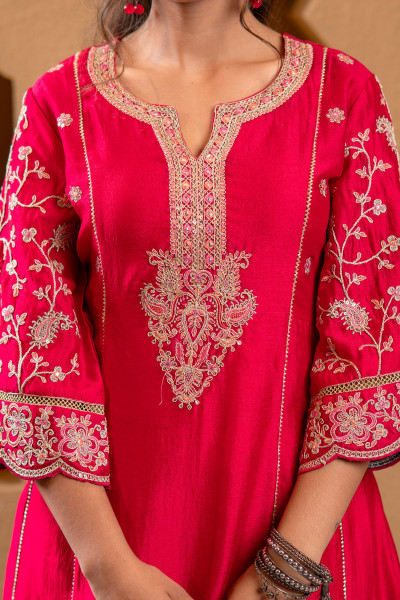 Fuchsia Viscose Solid A-Line Kurta With Pants & Dupatta Set With Zari, Sequence & Dori Work