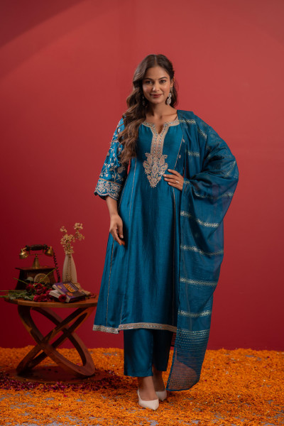 Terquoise Manmade Fiber Flared Kurta Pant And Dupatta Set with Zari, Mirror, Thread & Sequin Work