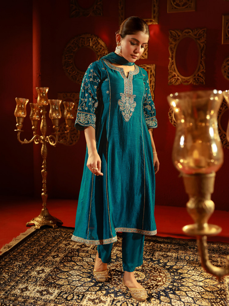 Terquoise Manmade Fiber Flared Kurta Pant And Dupatta Set with Zari, Mirror, Thread &amp; Sequin Work