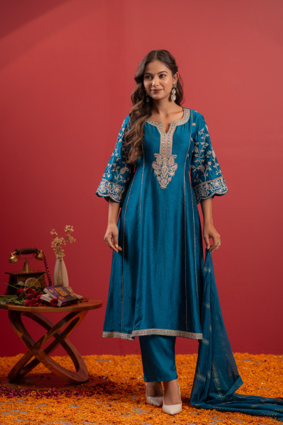 Terquoise Manmade Fiber Flared Kurta Pant And Dupatta Set with Zari, Mirror, Thread & Sequin Work