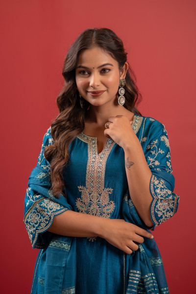 Terquoise Manmade Fiber Flared Kurta Pant And Dupatta Set with Zari, Mirror, Thread & Sequin Work