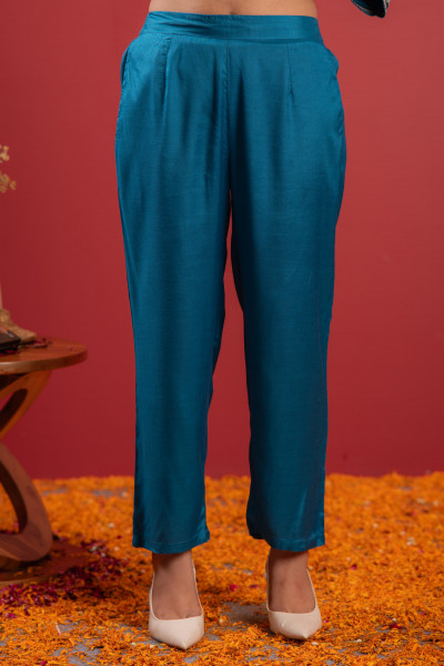 Terquoise Manmade Fiber Flared Kurta Pant And Dupatta Set with Zari, Mirror, Thread & Sequin Work