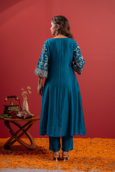Terquoise Manmade Fiber Flared Kurta Pant And Dupatta Set with Zari, Mirror, Thread & Sequin Work