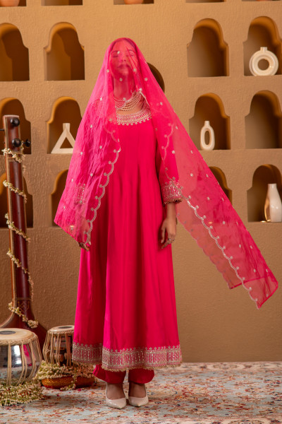 Fuchsia Blue Viscose Flared Kurta with Pants & Dupatta Set with Zari & Sequence Work