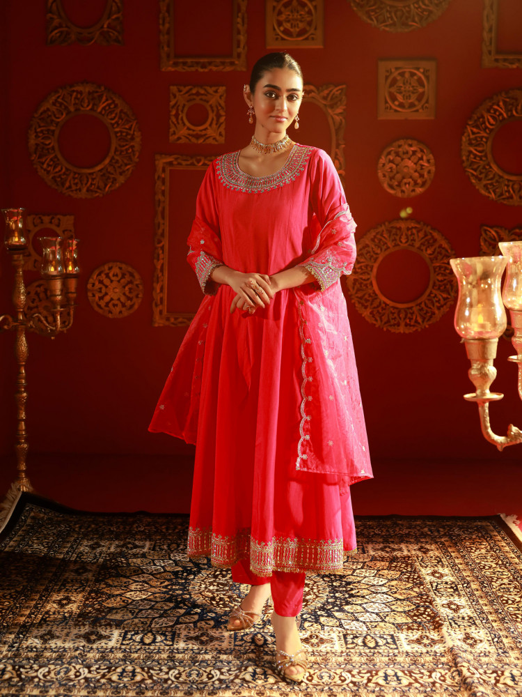 Fuchsia Blue Viscose Flared Kurta with Pants &amp; Dupatta Set with Zari &amp; Sequence Work